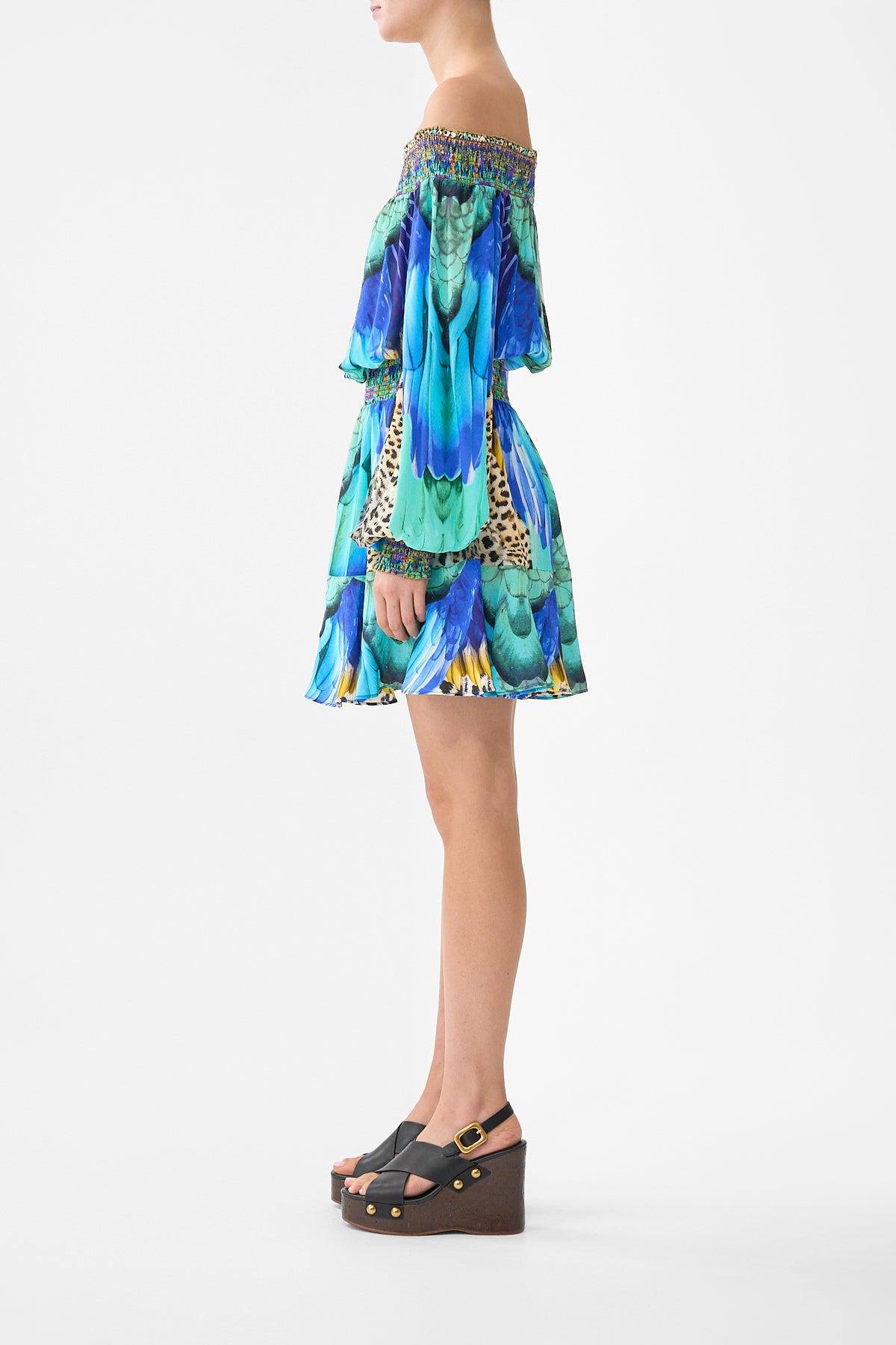 The CAMILLA OFF SHOULDER SHORT DRESS JUNGLE FLIGHT