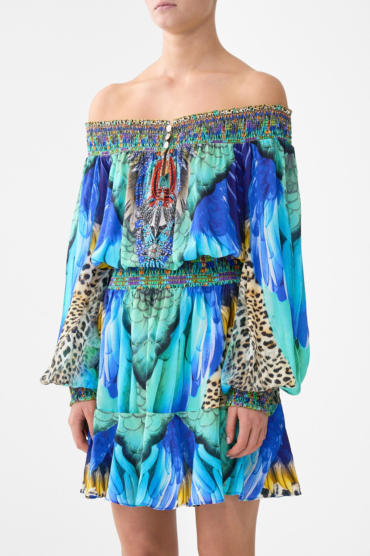 The CAMILLA OFF SHOULDER SHORT DRESS JUNGLE FLIGHT