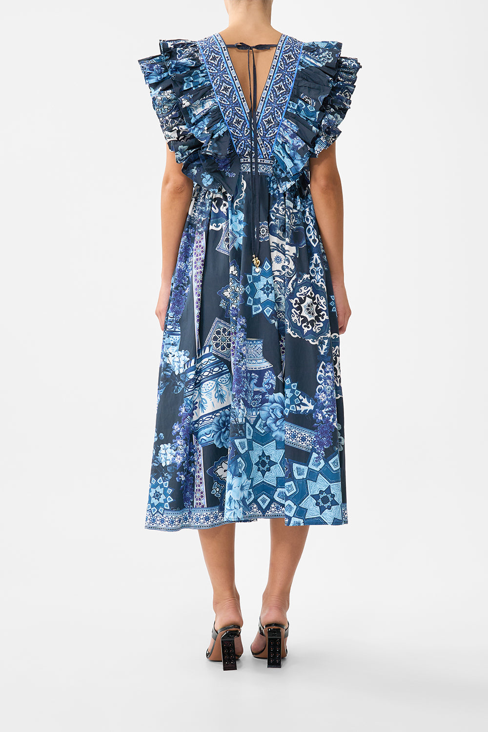 The CAMILLA DOUBLE FRILL SLEEVE MIDI DRESS A TILED WONDERLAND