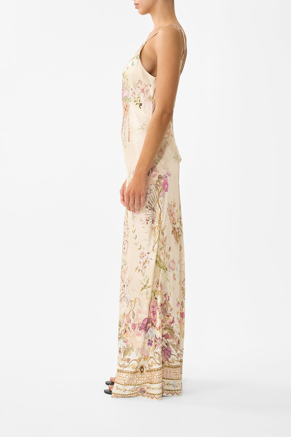 The CAMILLA V NECK FULL LENGTH BIAS SLIP DRESS ADORNED IN ARANJUEZ