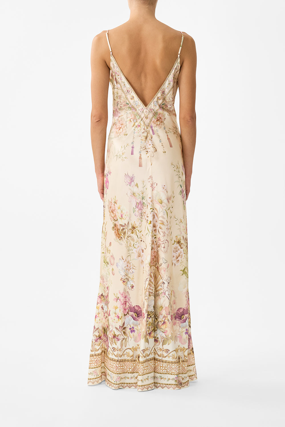 The CAMILLA V NECK FULL LENGTH BIAS SLIP DRESS ADORNED IN ARANJUEZ
