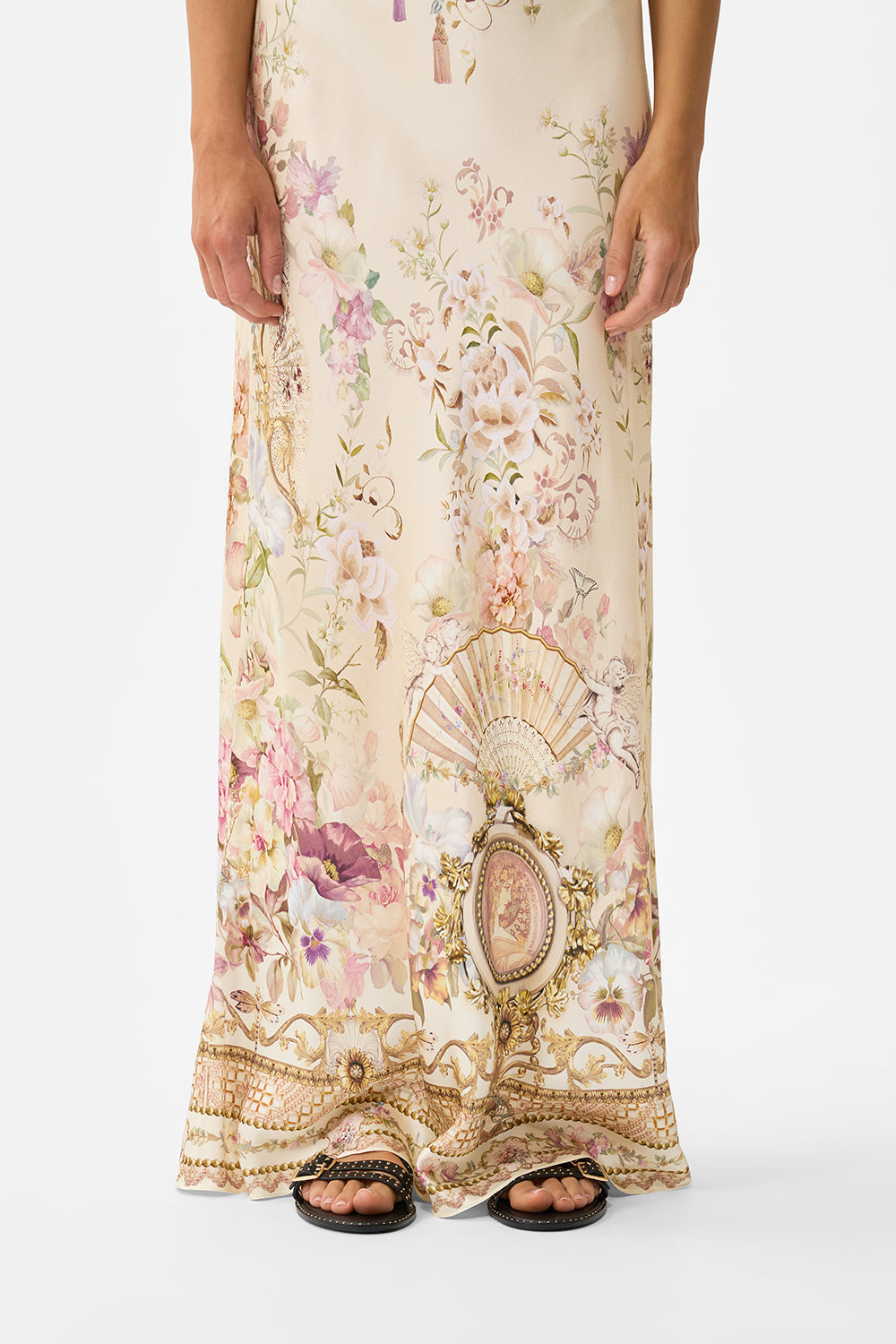 The CAMILLA V NECK FULL LENGTH BIAS SLIP DRESS ADORNED IN ARANJUEZ