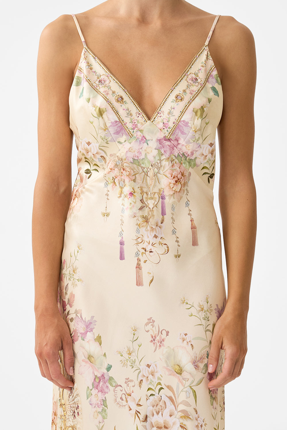 The CAMILLA V NECK FULL LENGTH BIAS SLIP DRESS ADORNED IN ARANJUEZ