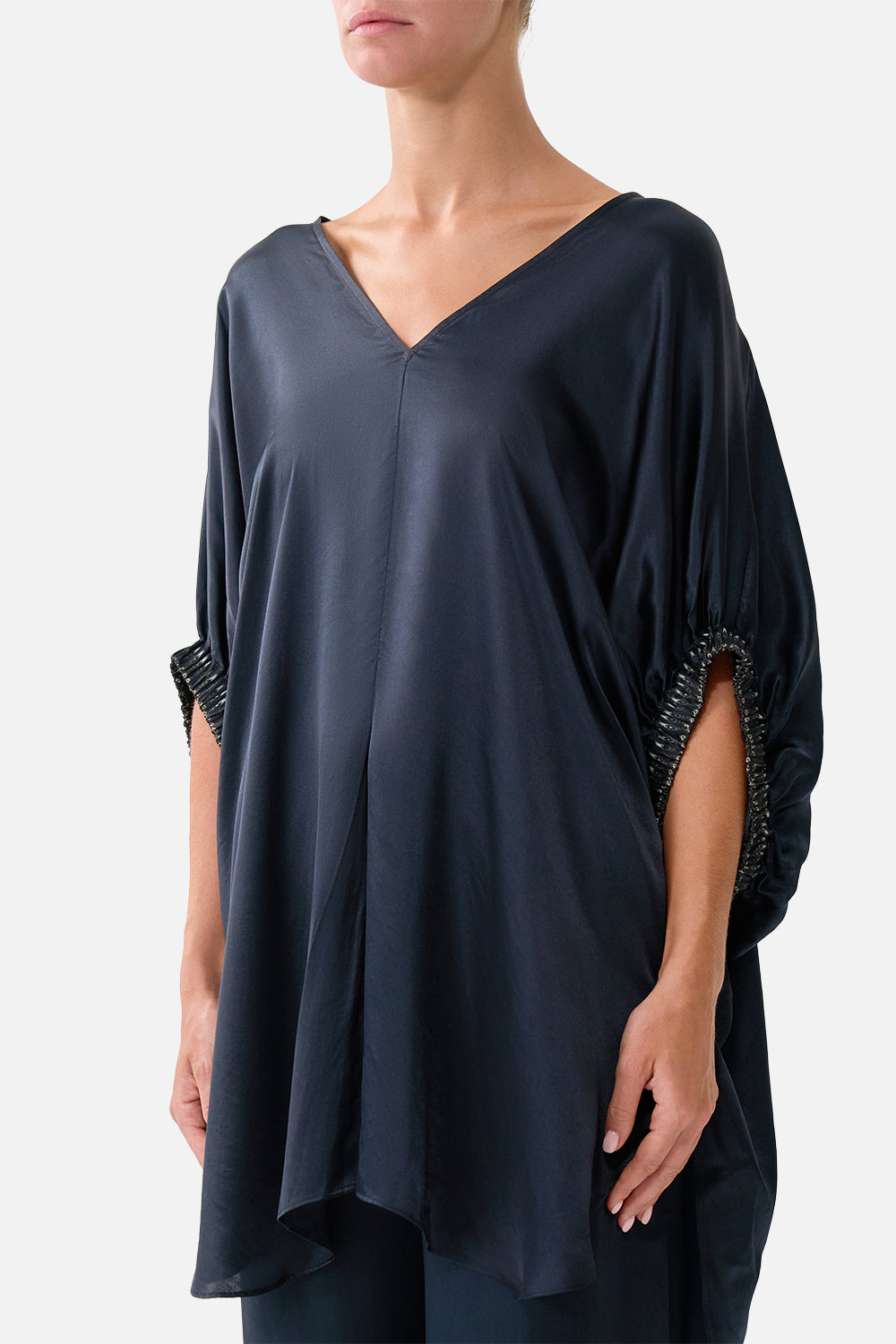 GATHERED CUFF V NECK TOP DAUGHTERS OF DUENDE