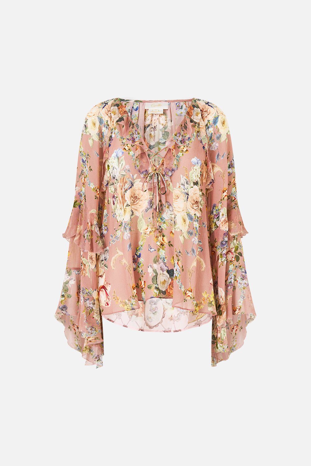 LACE UP V NECK BLOUSE WITH CASCADE RUFFLES CHAMBER OF BLOOMS