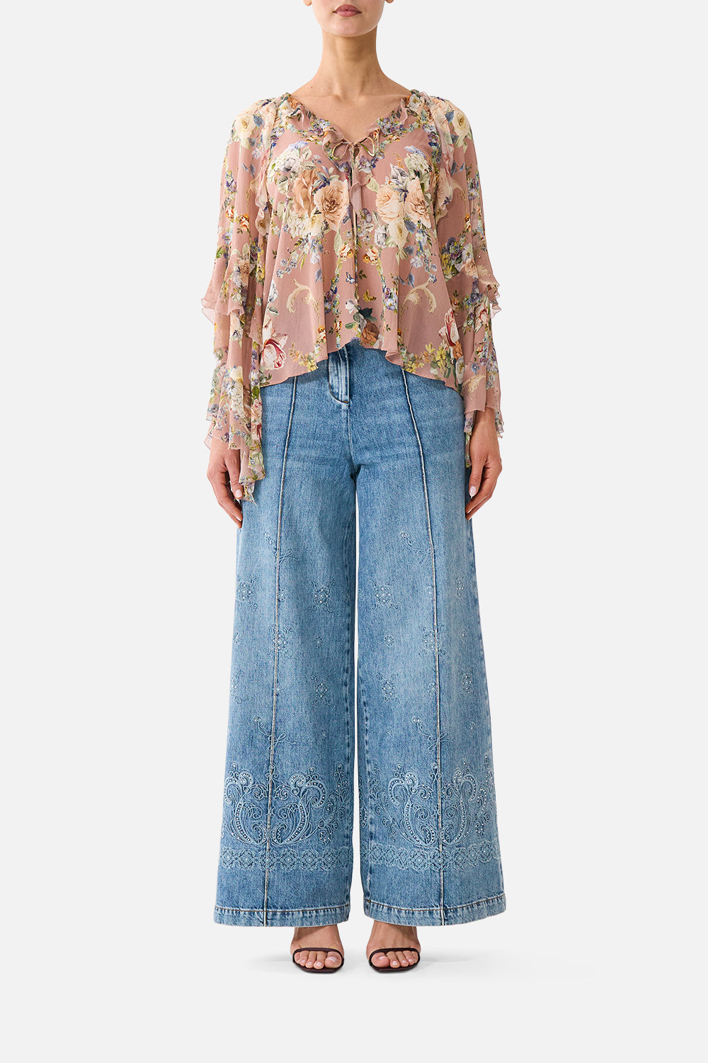 LACE UP V NECK BLOUSE WITH CASCADE RUFFLES CHAMBER OF BLOOMS