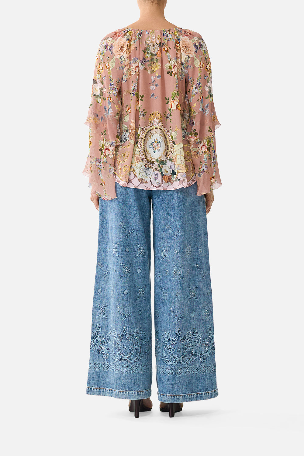 LACE UP V NECK BLOUSE WITH CASCADE RUFFLES CHAMBER OF BLOOMS