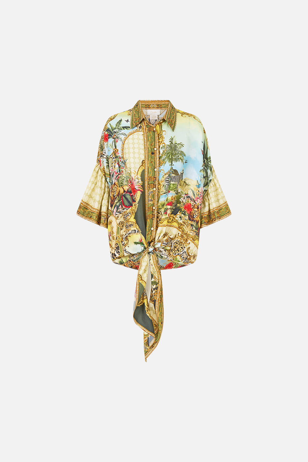 The CAMILLA TIE FRONT SHIRT WITH SLEEVE FRILL WANDERLUST EMPIRE