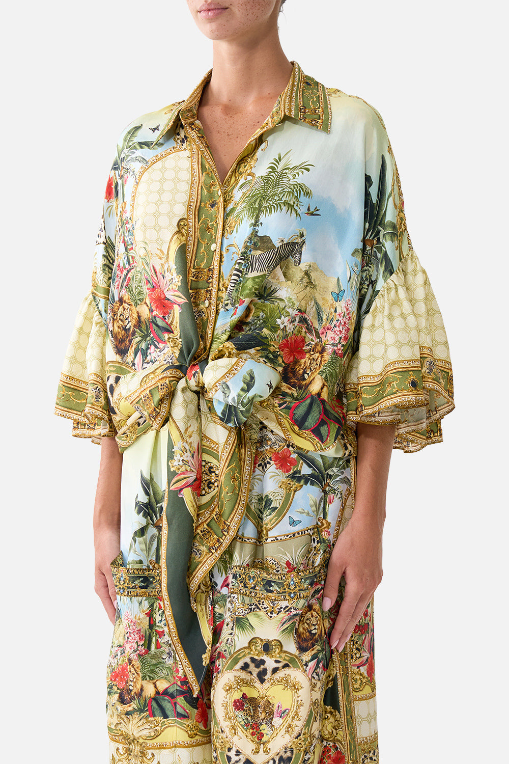 The CAMILLA TIE FRONT SHIRT WITH SLEEVE FRILL WANDERLUST EMPIRE