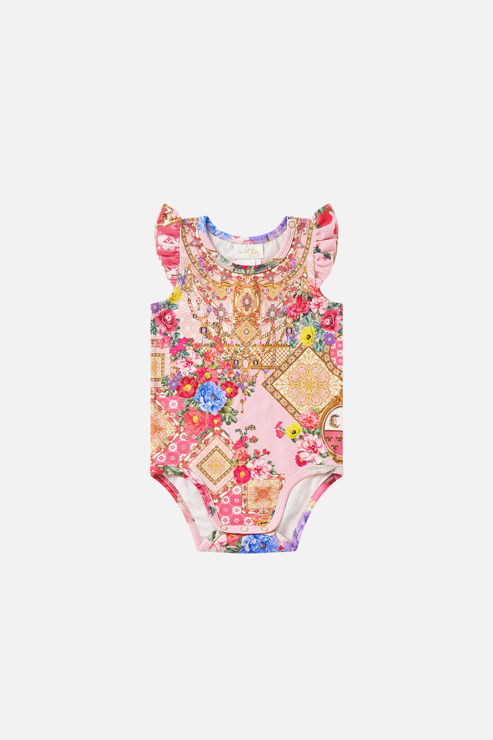 The CAMILLA BABIES BODYSUIT W FRILL SHOULDER SHE’S NO WALLFLOWERSHE’S NO WALLFLOWER