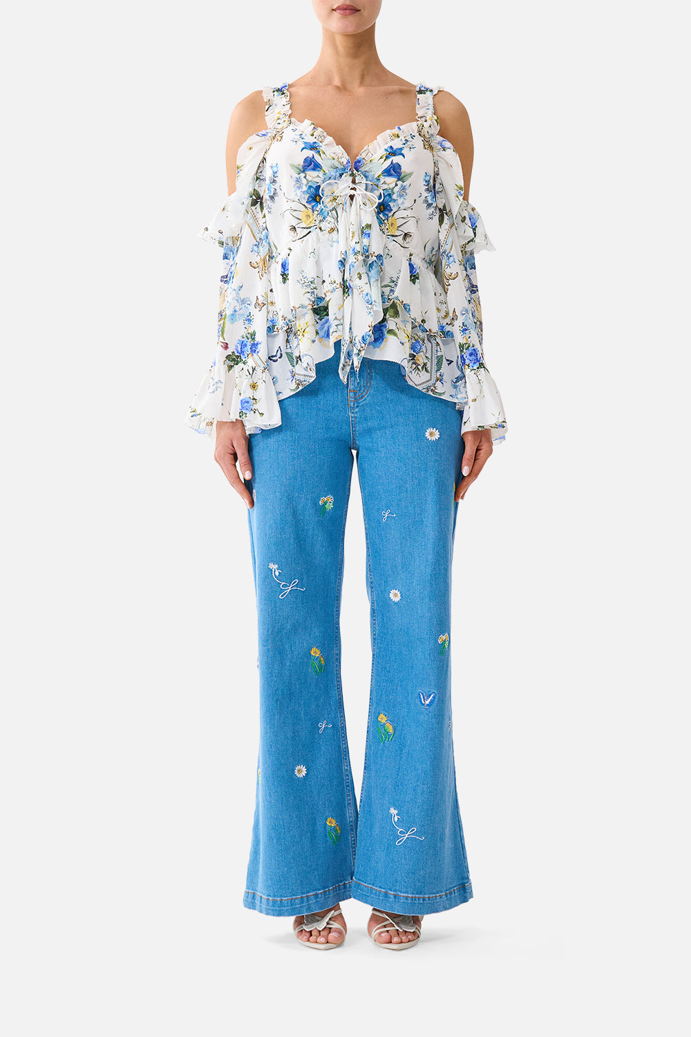 COLD SHOULDER RUFFLE TOP DANDELION SKIES