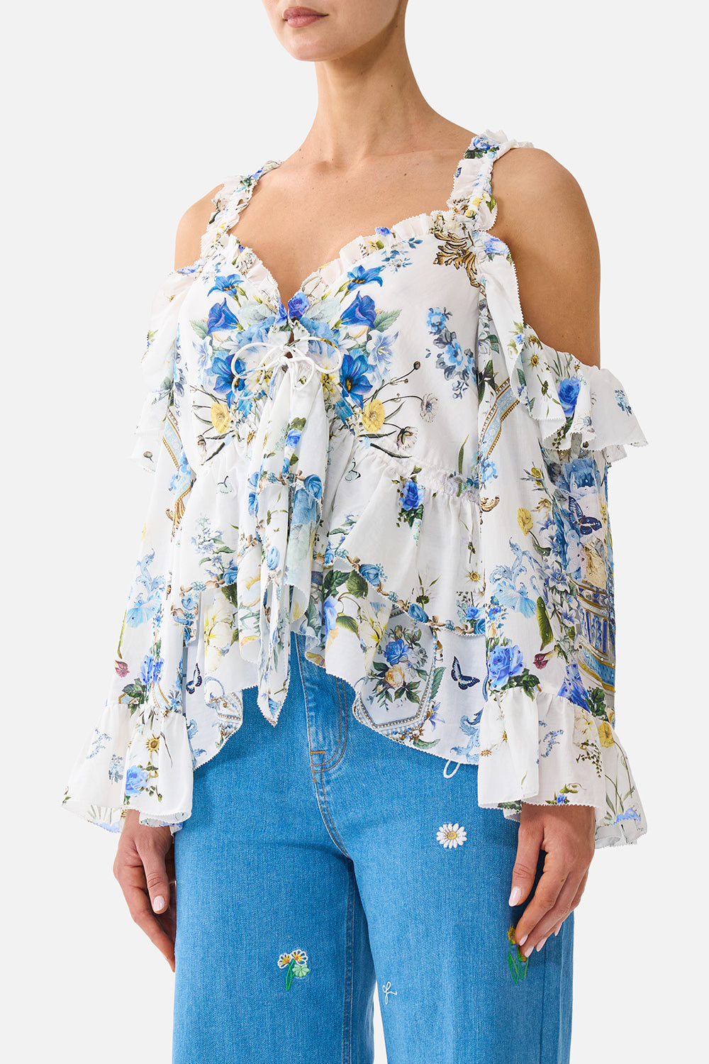 COLD SHOULDER RUFFLE TOP DANDELION SKIES