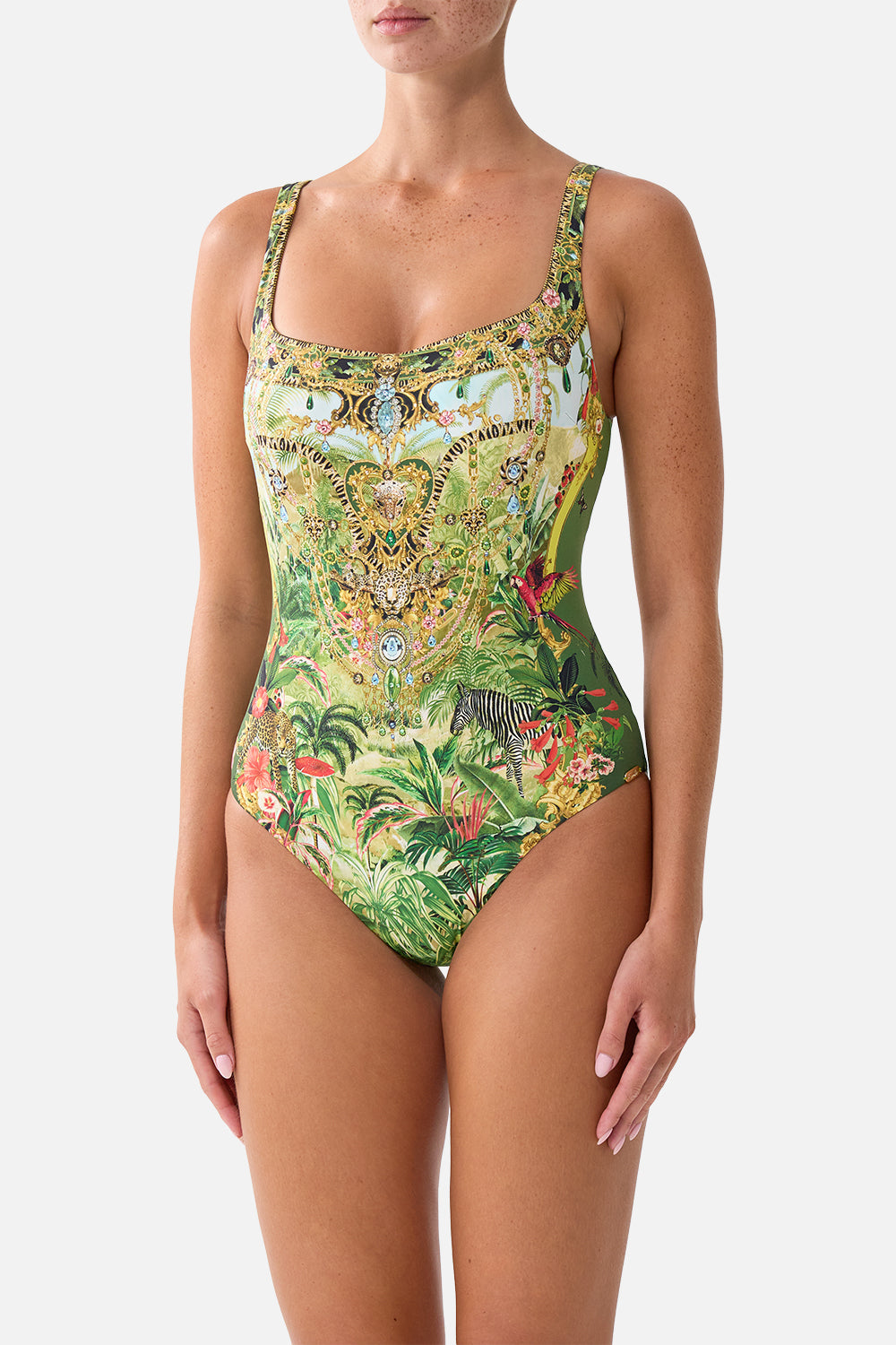 The CAMILLA UNDERWIRE SQUARE NECK ONE PIECE W SCOOP BACK WANDERLUST EMPIRE