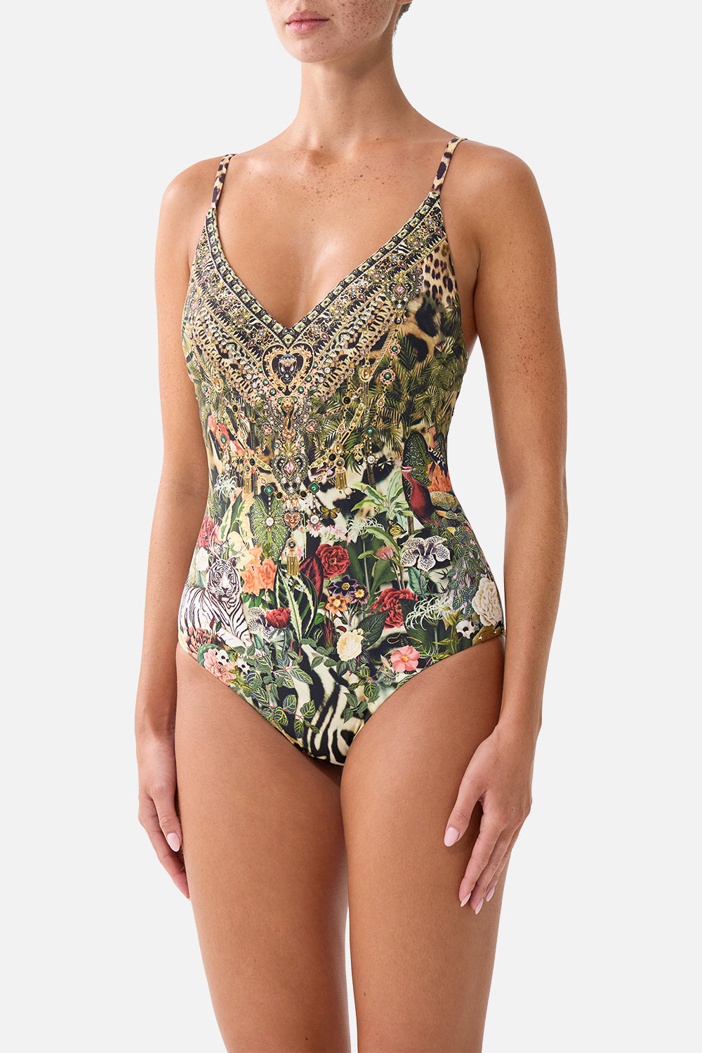 The CAMILLA V NECK UNDERWIRE ONE PIECE W BACK CLOSURE LEOTIGRA LAND