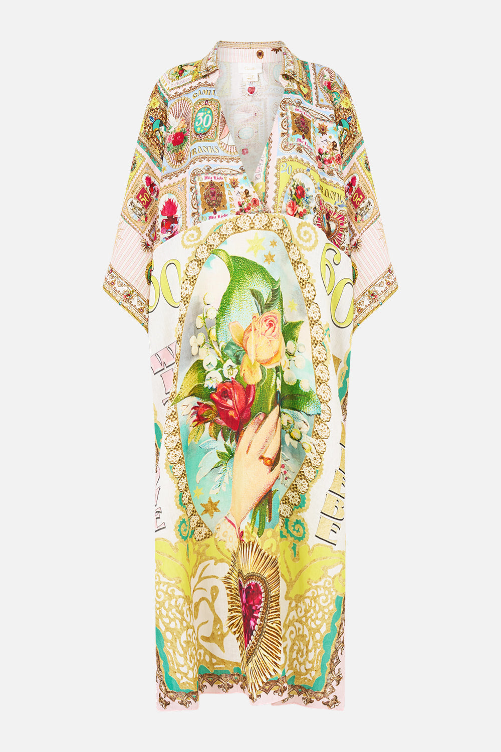 DEEP V NECK KAFTAN WITH CURVED SEAM PAINTED PRAYERS