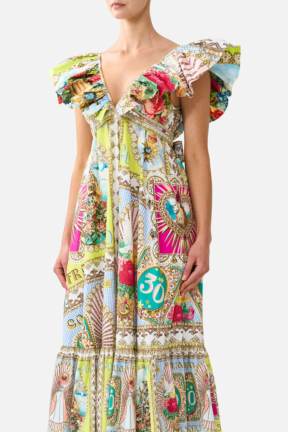 FRILL NECK MIDI DRESS PAINTED PRAYERS