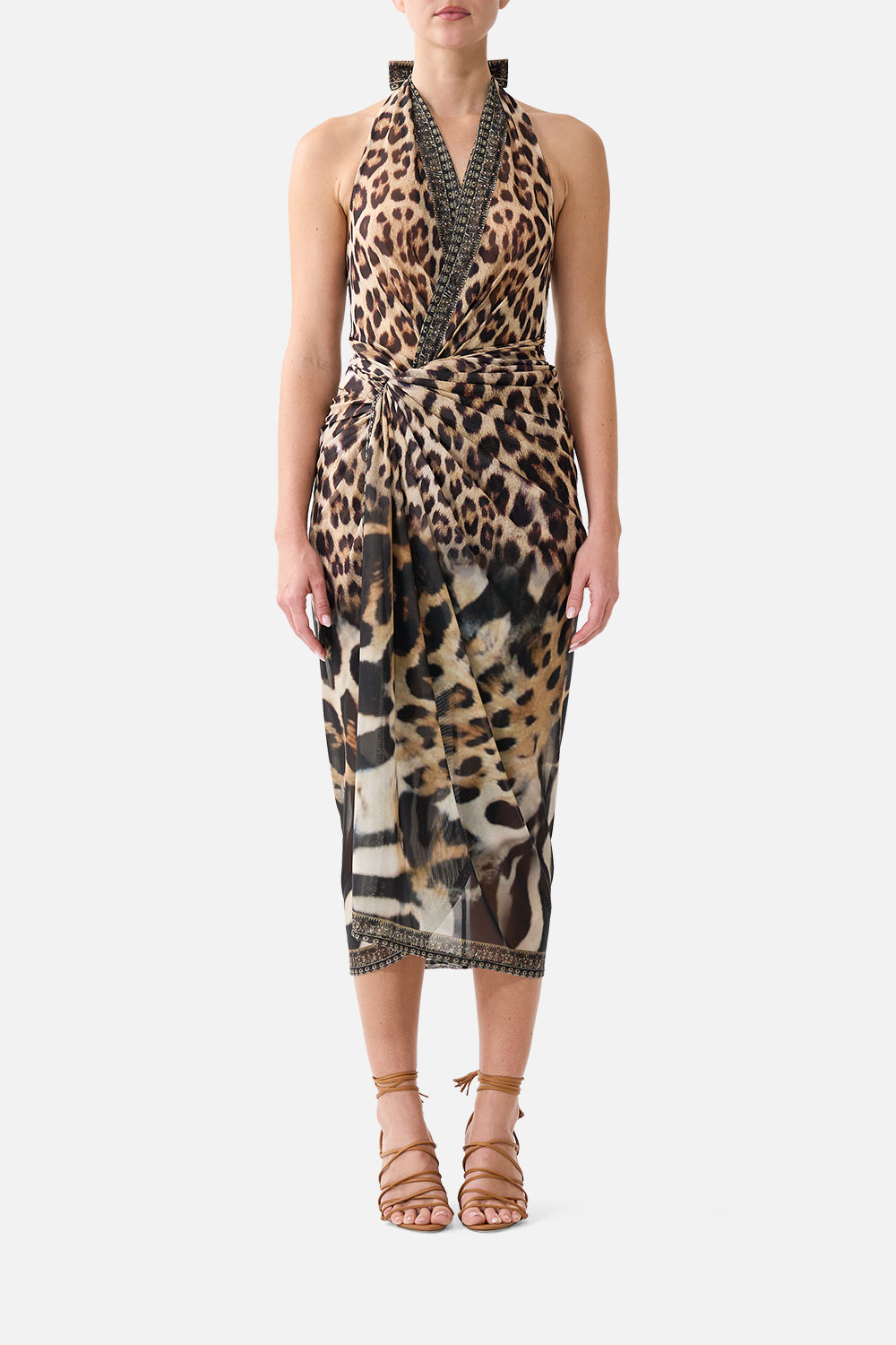 The CAMILLA MESH HALTERNECK RUCHED MIDI DRESS LEOTIGRA LANDLEOTIGRA LAND