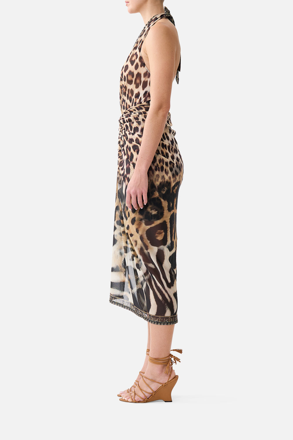 The CAMILLA MESH HALTERNECK RUCHED MIDI DRESS LEOTIGRA LAND