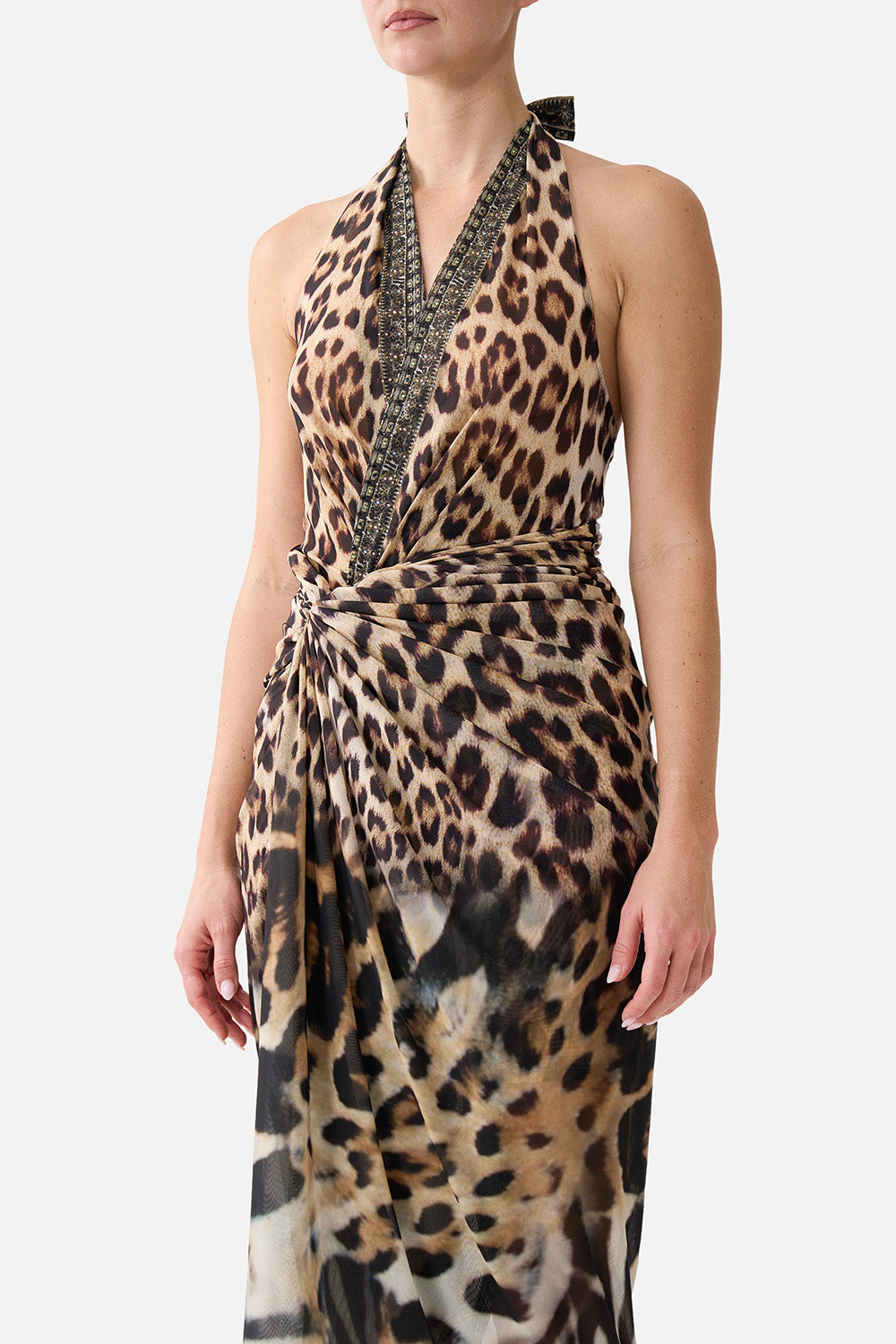 The CAMILLA MESH HALTERNECK RUCHED MIDI DRESS LEOTIGRA LAND