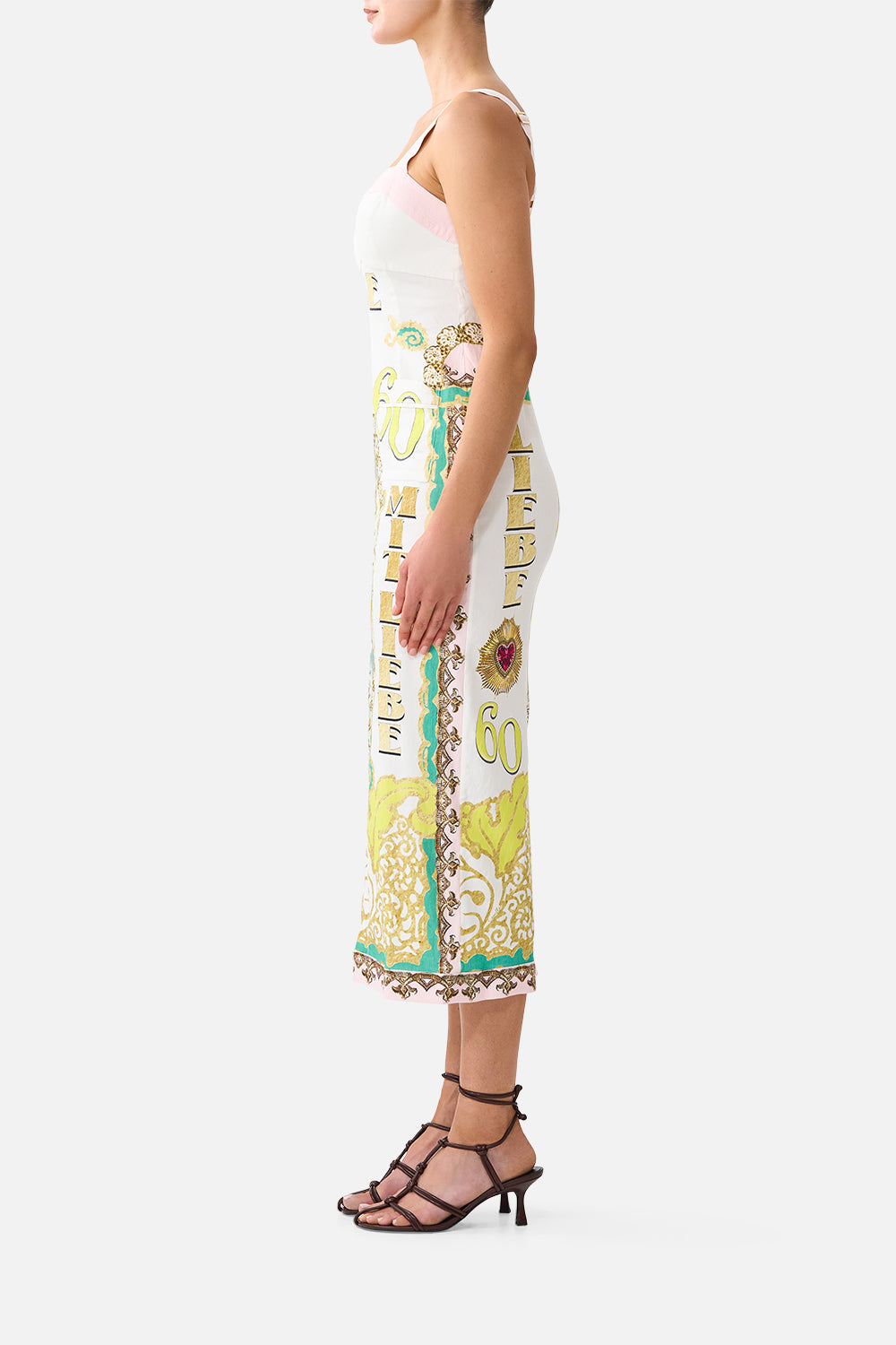 FORM FITTED MIDI DRESS WITH TOPSTITCHING PAINTED PRAYERS