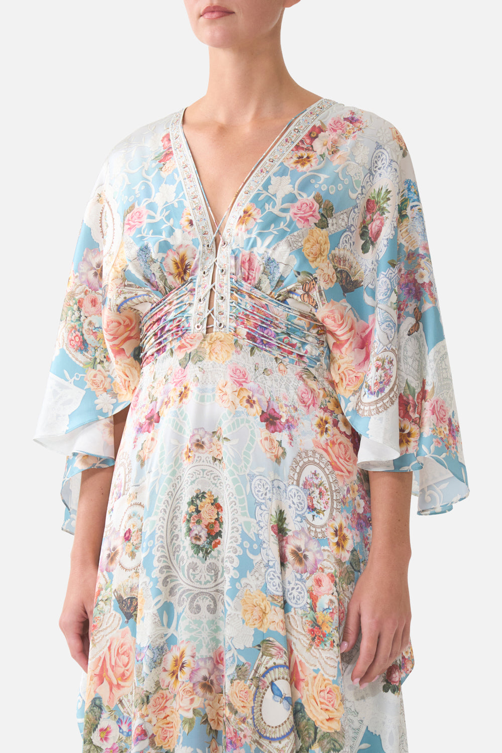 V NECK LACE UP DETAIL LONG DRESS A TASTE FOR LACE