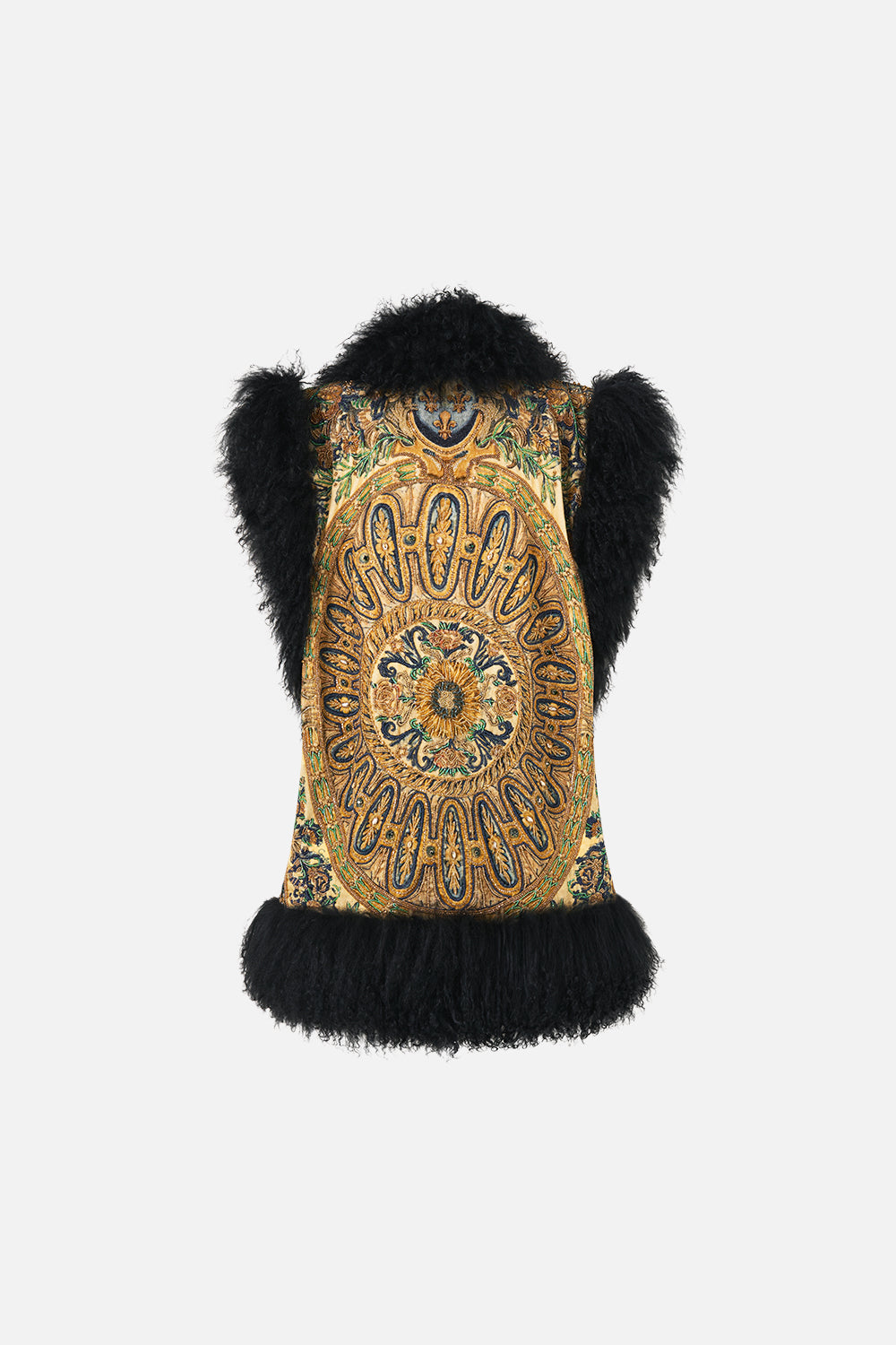 The CAMILLA Oversized Shearling Gilet in our Museum Memoirs print.