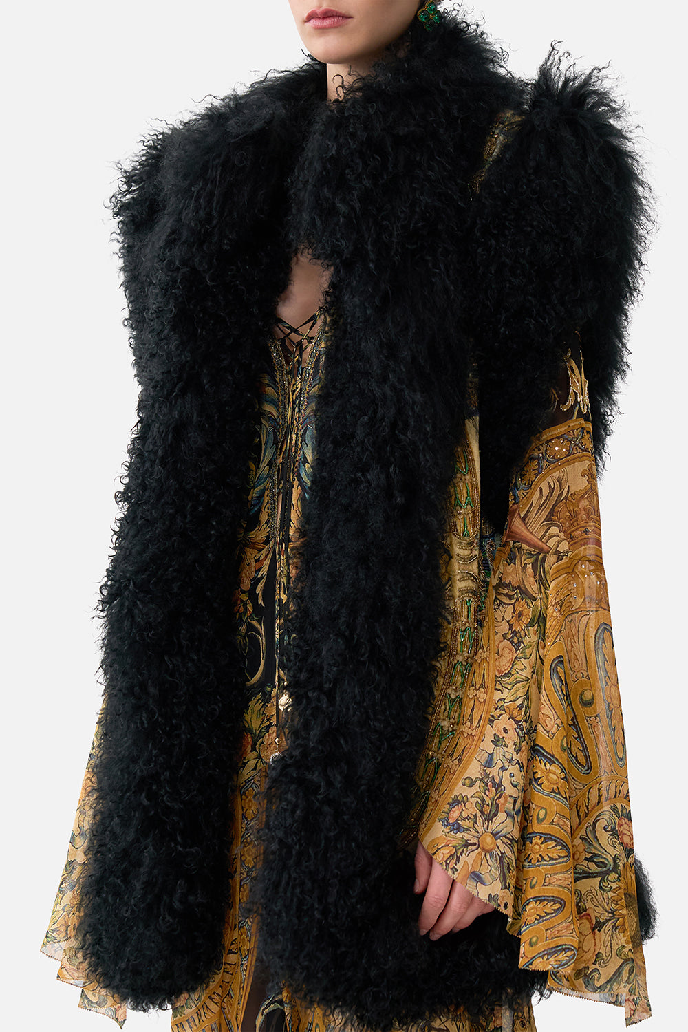 The CAMILLA Oversized Shearling Gilet in our Museum Memoirs print.