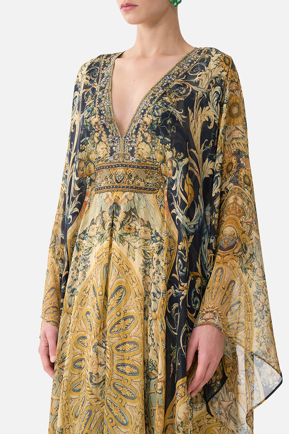 The CAMILLA Long Kaftan With Waist Detail in our Museum Memoirs print.