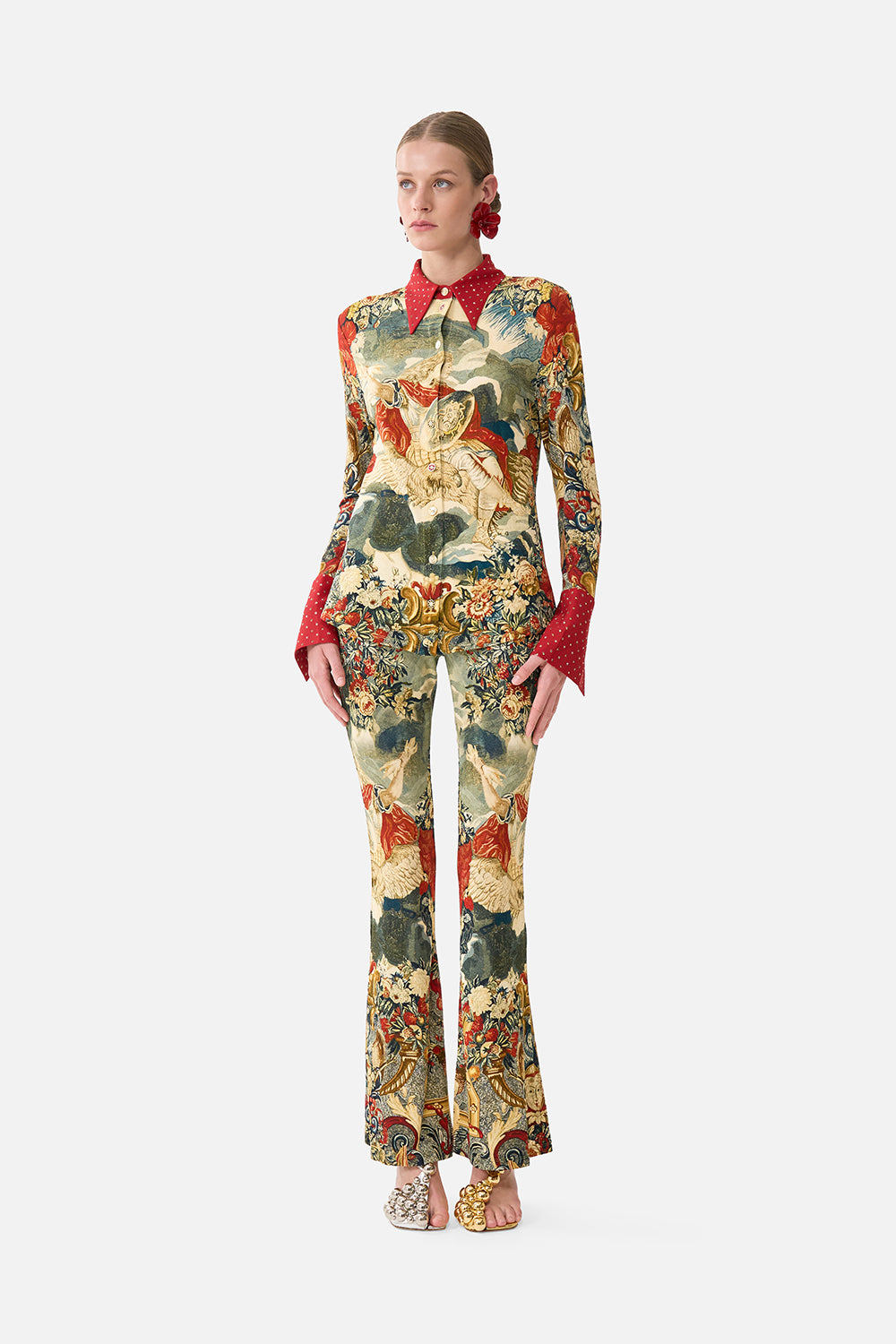 The CAMILLA High Waisted Flared Trouser in our Meet Me At The Met print.