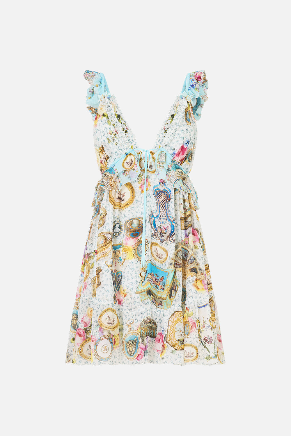The CAMILLA Curved Hem Ruffle Dress in our Art For The Artisans print.