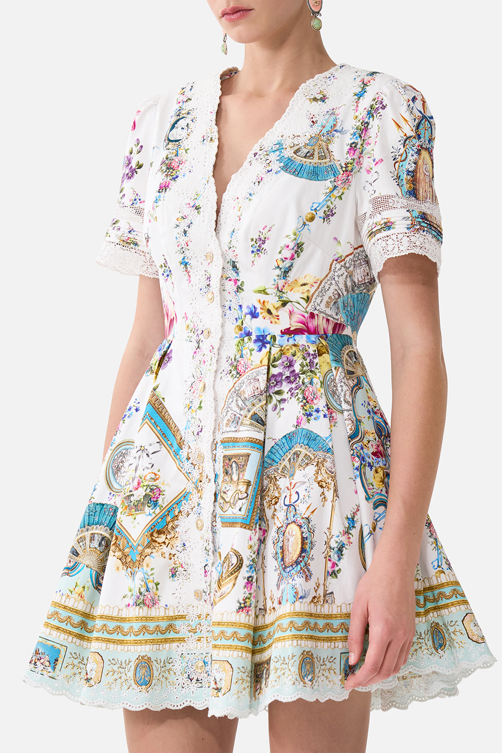 The CAMILLA V Neck Short Dress With Short Sleeves in our Art For The Artisans print.
