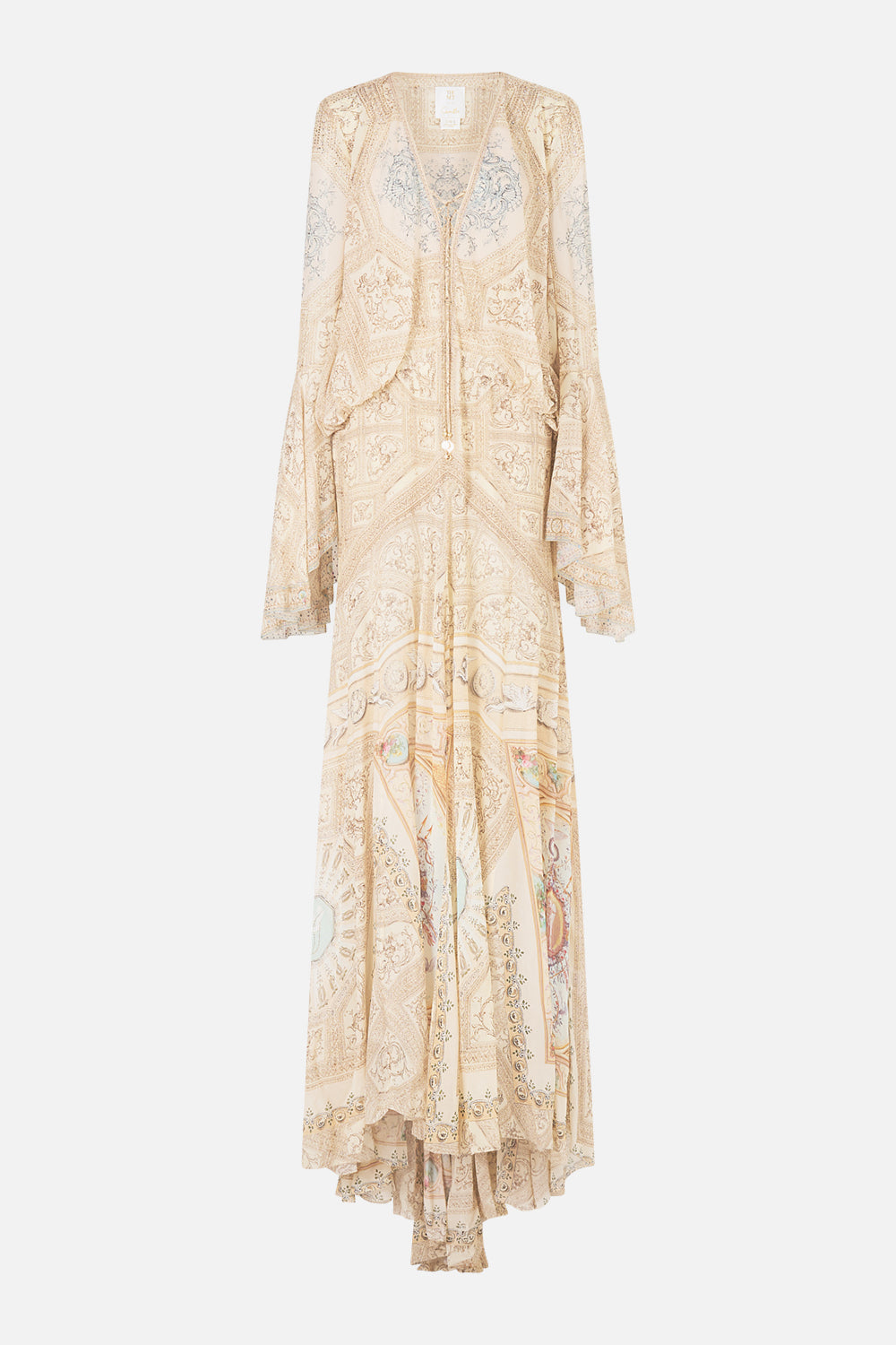 The CAMILLA Low Cut Lace Up Front Long Dress in our A Beloved Boudoir print.