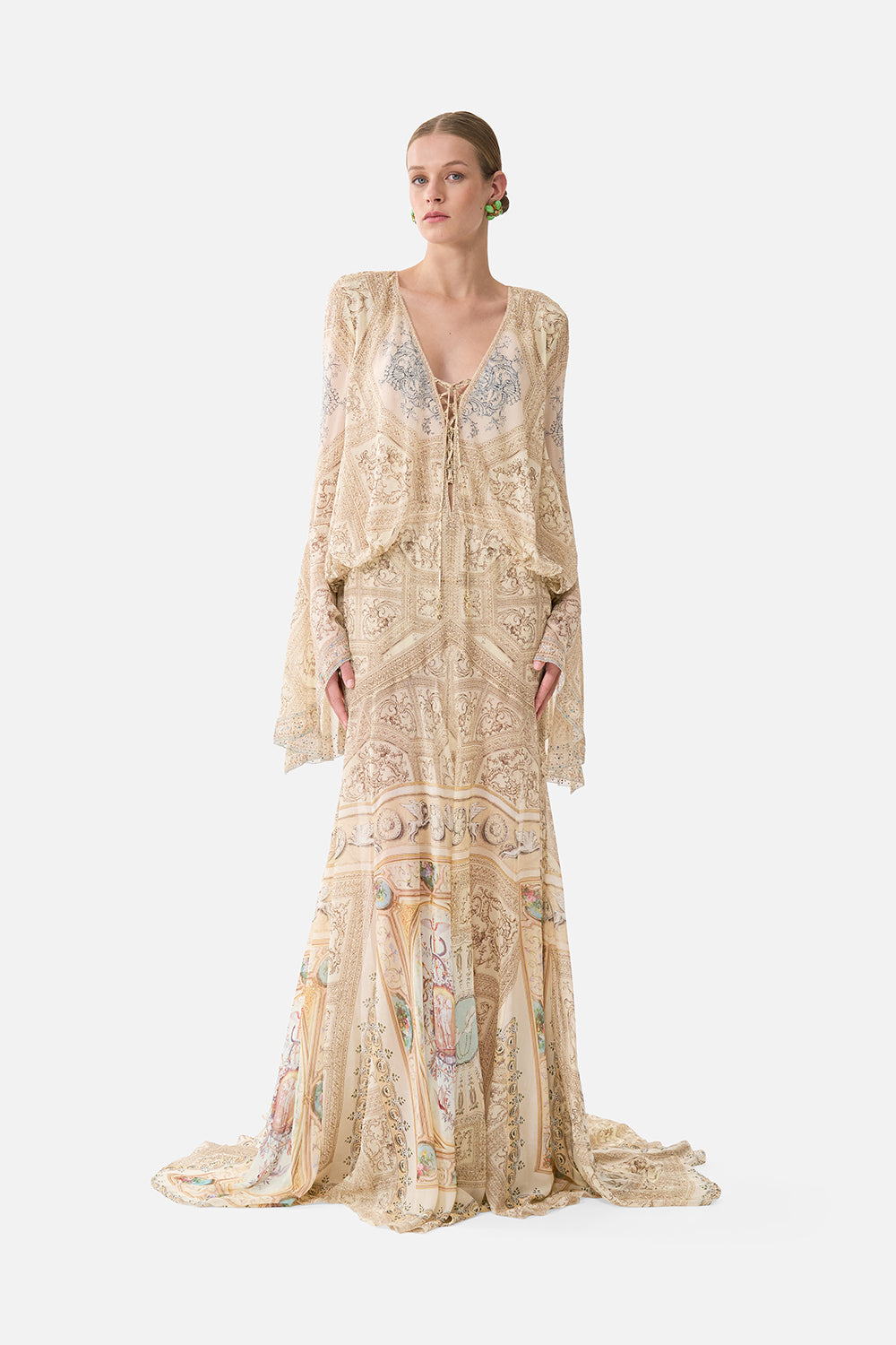 The CAMILLA Low Cut Lace Up Front Long Dress in our A Beloved Boudoir print.