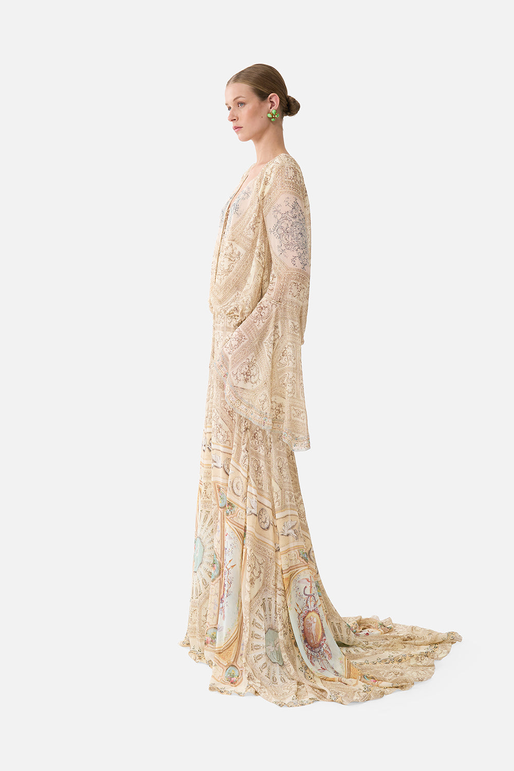 The CAMILLA Low Cut Lace Up Front Long Dress in our A Beloved Boudoir print.