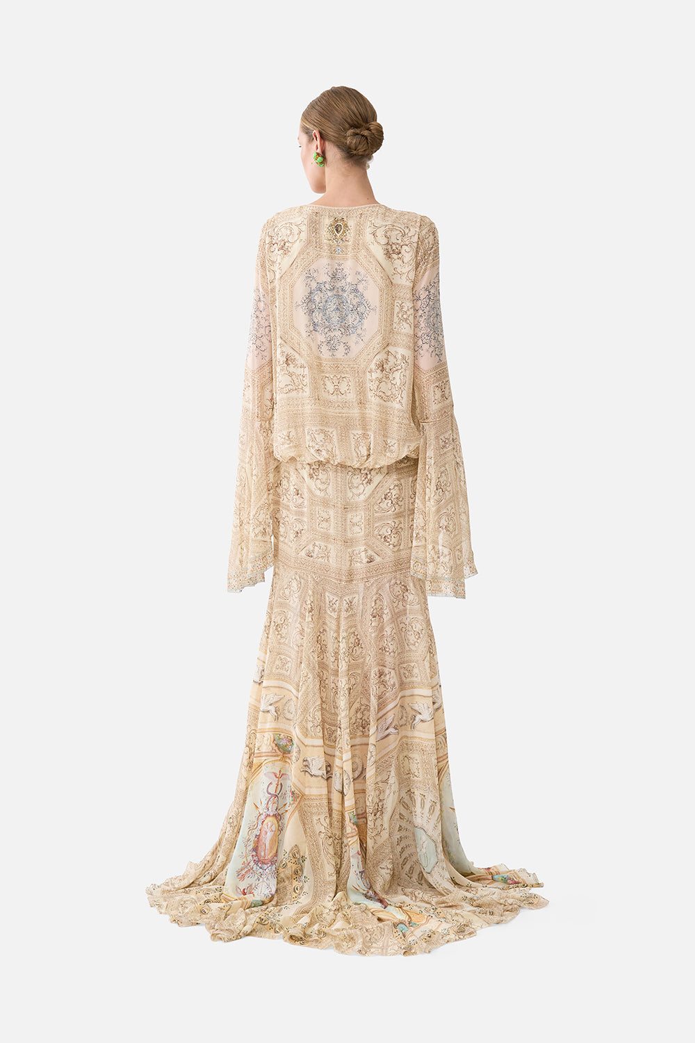 The CAMILLA Low Cut Lace Up Front Long Dress in our A Beloved Boudoir print.