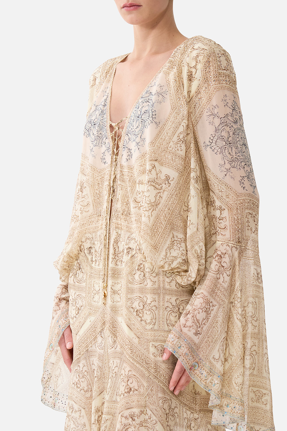 The CAMILLA Low Cut Lace Up Front Long Dress in our A Beloved Boudoir print.