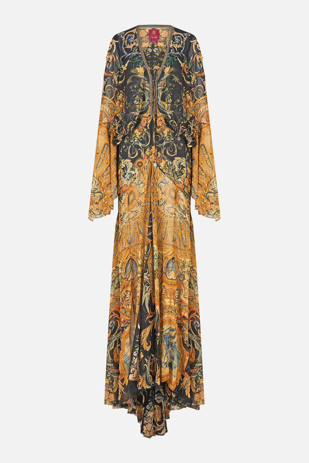 The CAMILLA Low Cut Lace Up Front Long Dress in our Museum Memoirs print.
