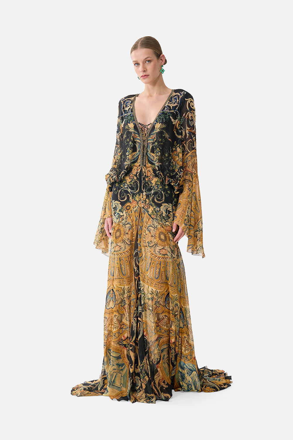 The CAMILLA Low Cut Lace Up Front Long Dress in our Museum Memoirs print.