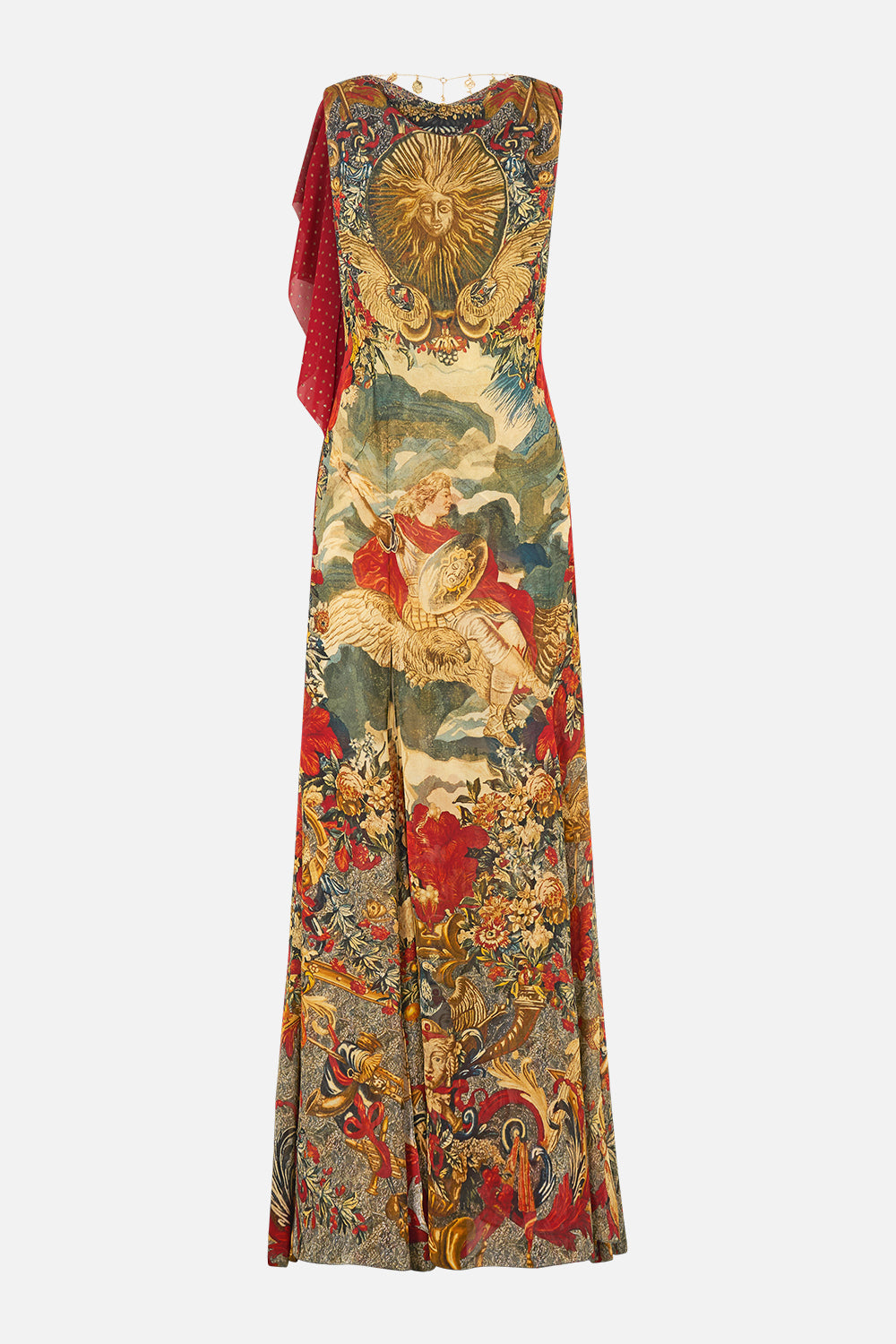 The CAMILLA Open Back Gown With Front Split in our Meet Me At The Met print.