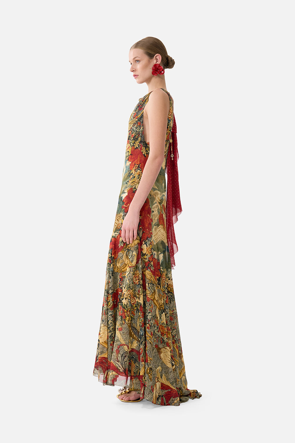 The CAMILLA Open Back Gown With Front Split in our Meet Me At The Met print.