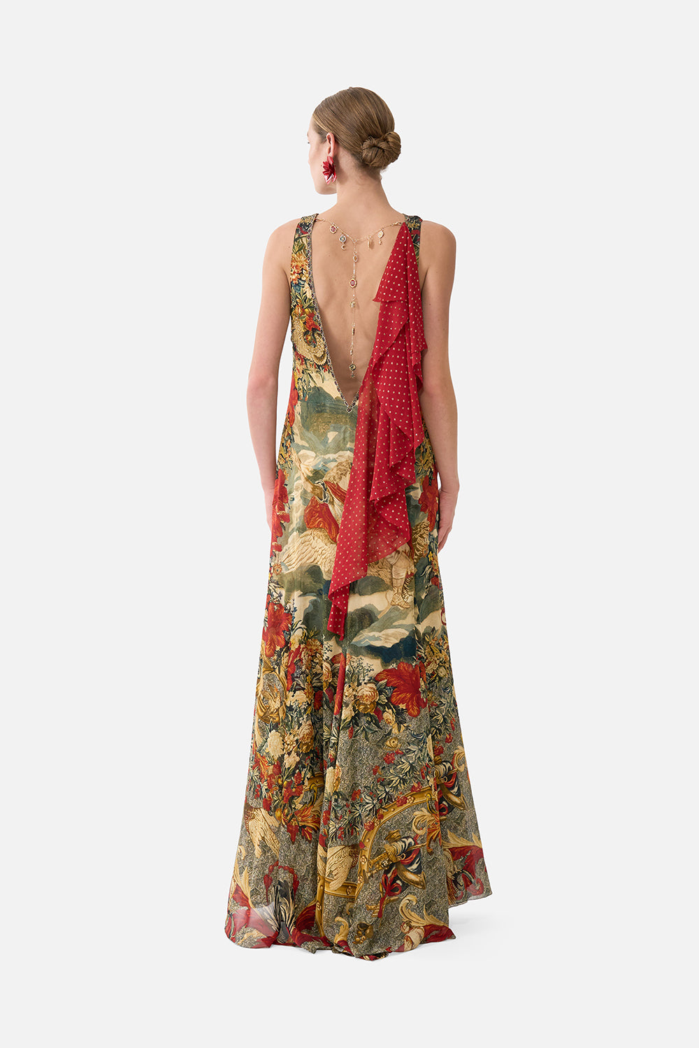 The CAMILLA Open Back Gown With Front Split in our Meet Me At The Met print.