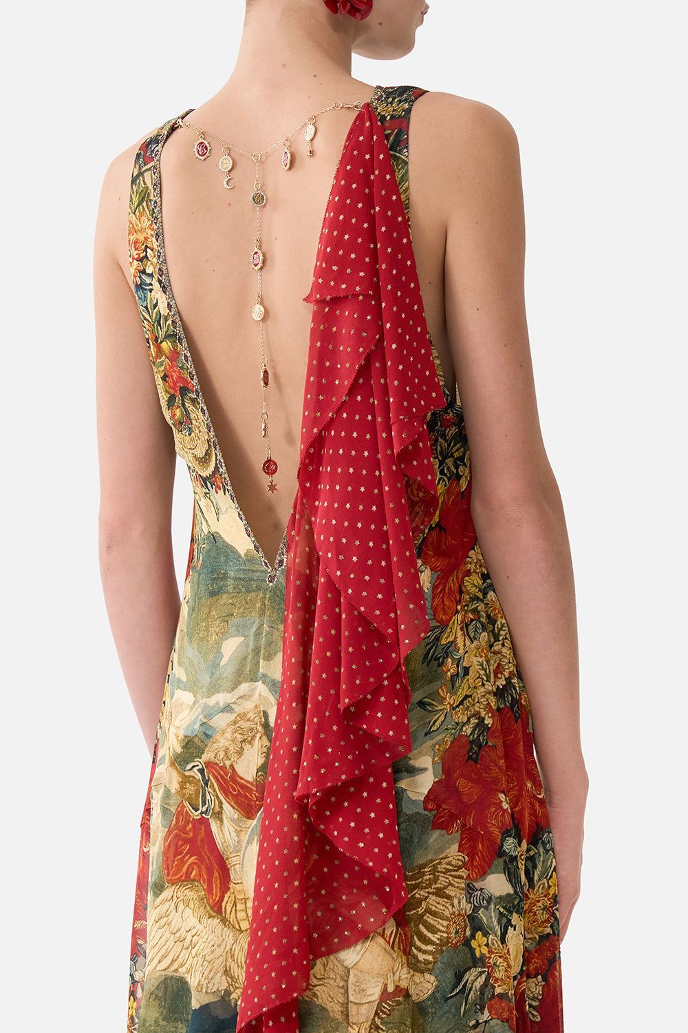 The CAMILLA Open Back Gown With Front Split in our Meet Me At The Met print.