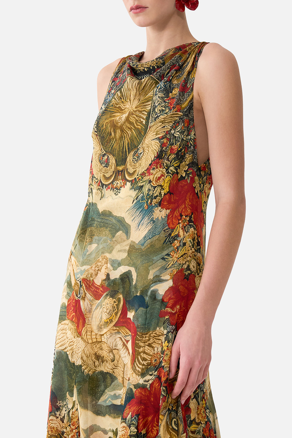 The CAMILLA Open Back Gown With Front Split in our Meet Me At The Met print.