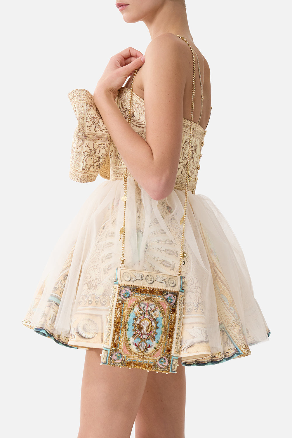 The CAMILLA Embellished Mini Tote With Chain Strap in our A Beloved Boudoir print.