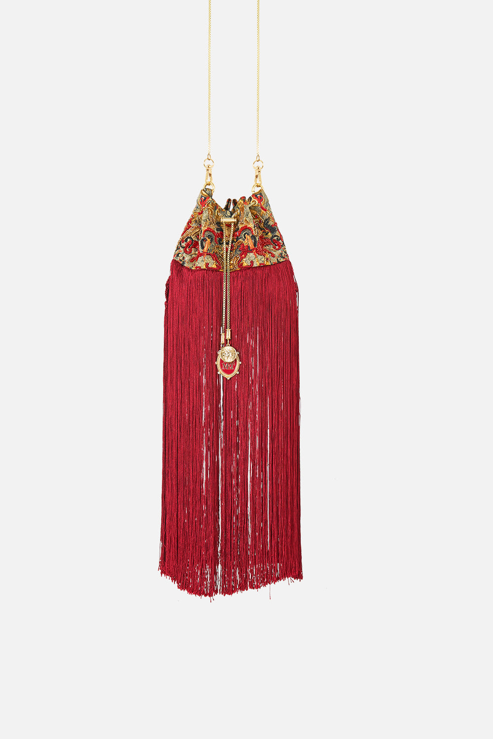 The CAMILLA Drawstring Pouch With Fringing in our Meet Me At The Met print.