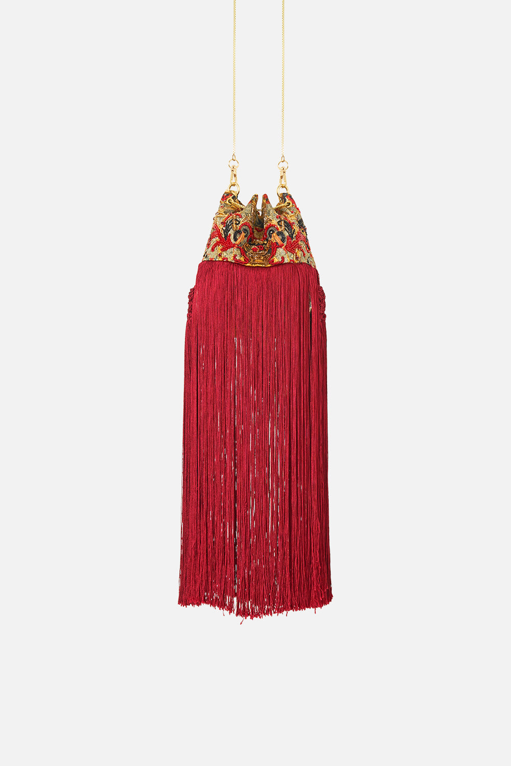 The CAMILLA Drawstring Pouch With Fringing in our Meet Me At The Met print.