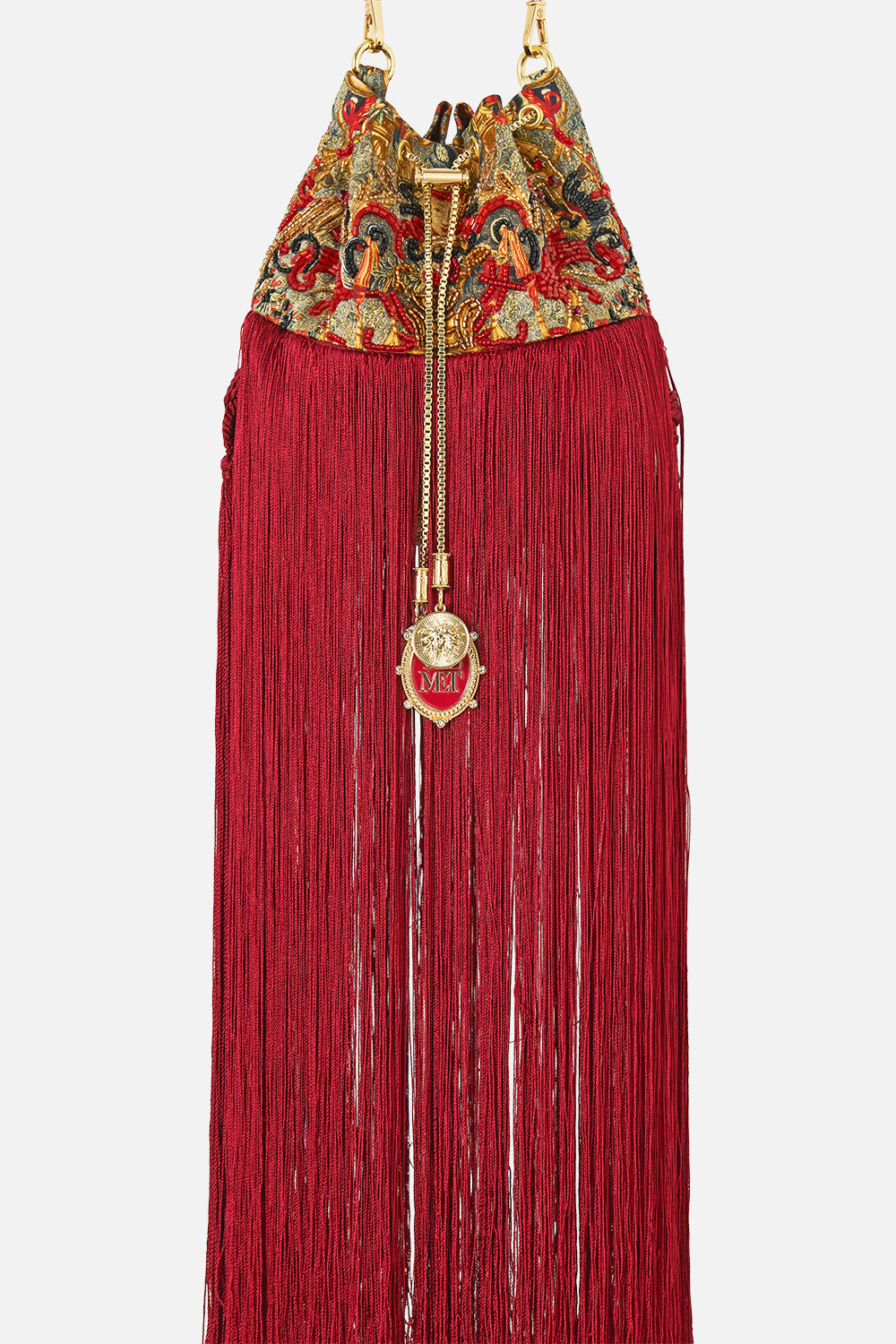 The CAMILLA Drawstring Pouch With Fringing in our Meet Me At The Met print.