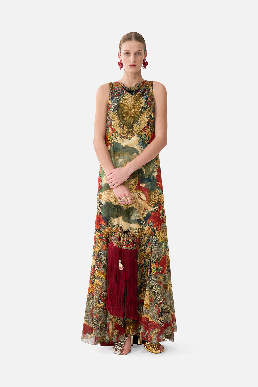 The CAMILLA Drawstring Pouch With Fringing in our Meet Me At The Met print.