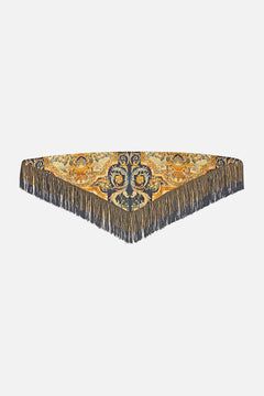 The CAMILLA Triangular Silk Twill Scarf With Fringing in our Museum Memoirs print.