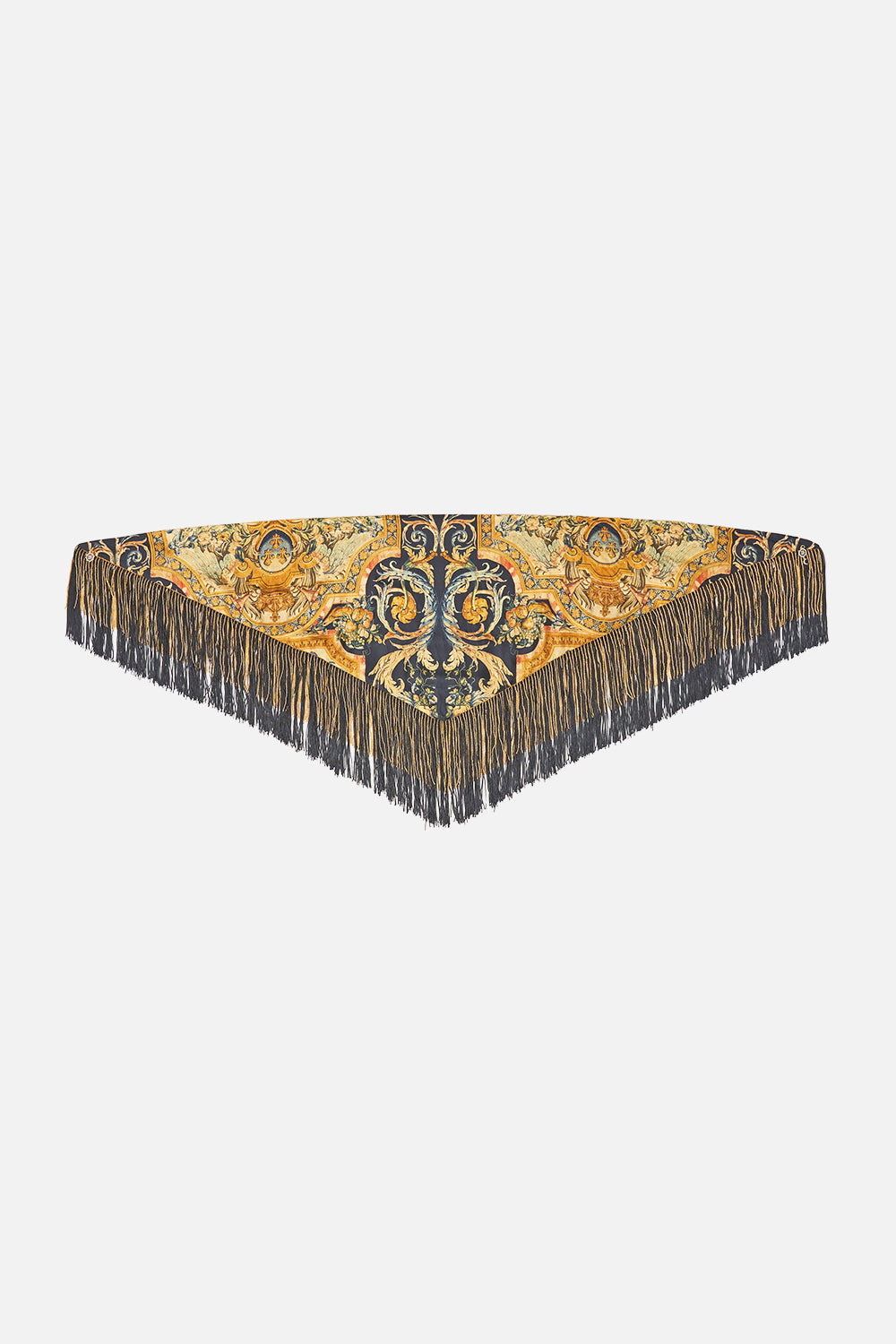 The CAMILLA Triangular Silk Twill Scarf With Fringing in our Museum Memoirs print.